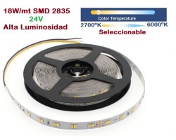 Tira LED 5 mts Flexible 24V 90W 600 Led SMD 2835 IP20 CCT 2700K a 6500K, Alta Luminosidad